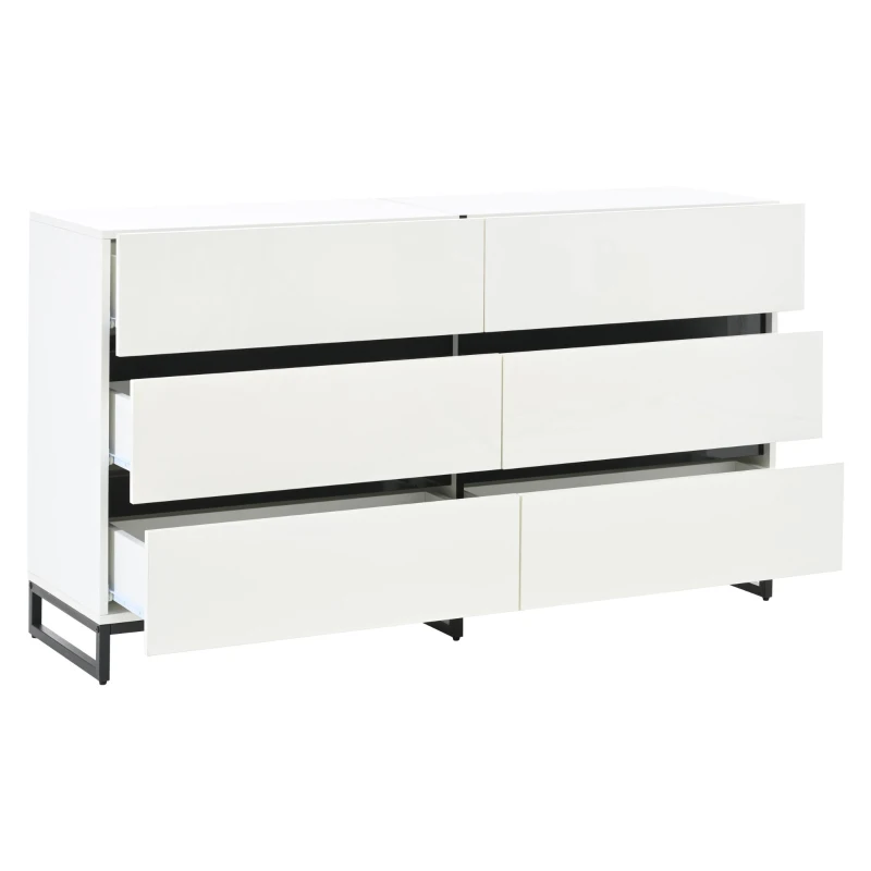 Madia per soggiorno con 6 cassetti, 3 gambe metalliche robuste, 140x39,5x78,5 cm, Bianco+Nero