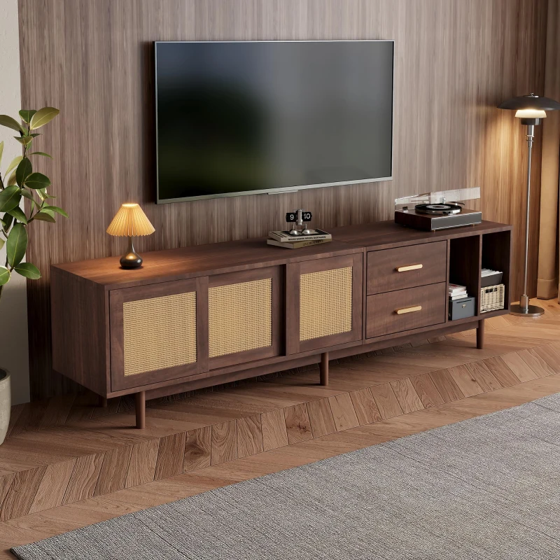 Mobile TV basso con ante in rattan, 3 ante e 2 cassetti, 190x40x52 cm, Marrone