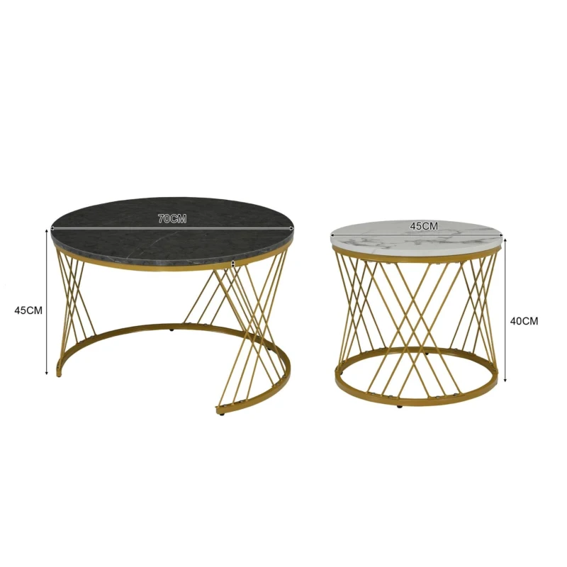 Set 2 tavolini annidati con struttura in metallo dorato, 70x70x45 cm / 45x45x40 cm, Grigio