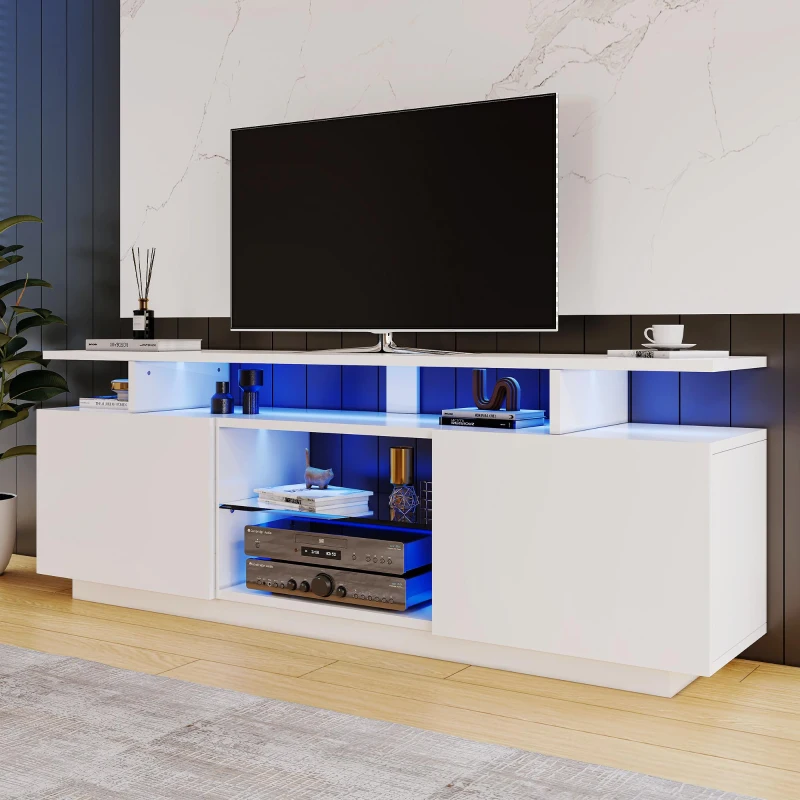 Mobile TV a 5 ripiani aperti con strisce LED autoadesive, 140x35x55 cm, Bianco