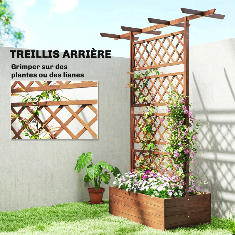 Outsunny Jardinière Surélevée avec treillis et Barres de Toit, bac à fleurs Trous de Drainage, tissu non tissé effet bois naturel