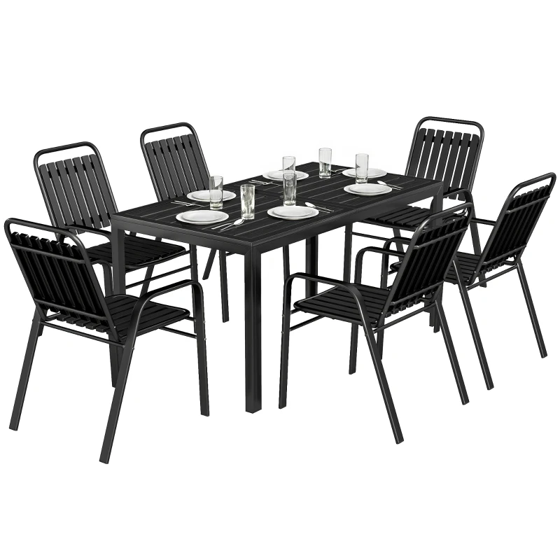 Outsunny 7 Pieces Outdoor Dining Set with Umbrella Hole, Garden Table and Chairs Set for 6 with Metal Table and Stackable Chairs