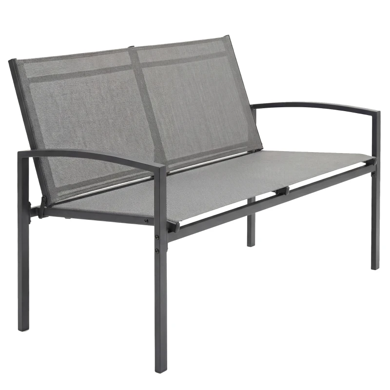 Outsunny Ławka ogrodowa 2-osobowa, odporna na warunki atmosferyczne, metalowa, z oddychającym siedziskiem, profilowanymi podłokietnikami, 112 x 66 x 80 cm, szara
