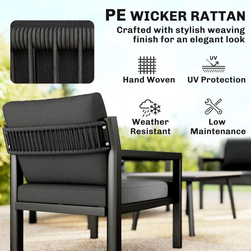 Outsunny 4 Seater Rattan Garden Furniture Set with 2 Armchairs, Loveseat, Coffee Table, Garden Sofa Set with Cushions, Dark Grey