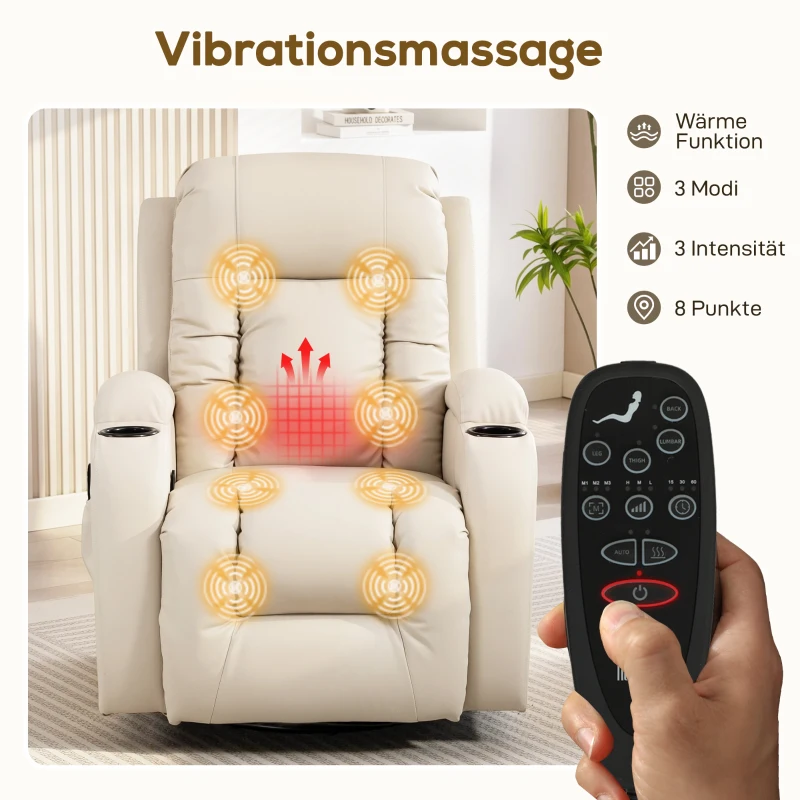HOMCOM Massagesessel mit Wipp-, Liege- & Wärmefunktion, 3 Modi, drehbar, Cremeweiß