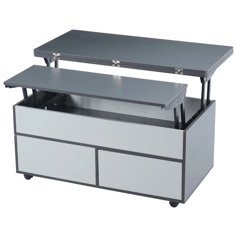 Tavolino da salotto regolabile in altezza con leva idraulica e 4 ruote girevoli, 100x98x65 cm, Grigio e Bianco