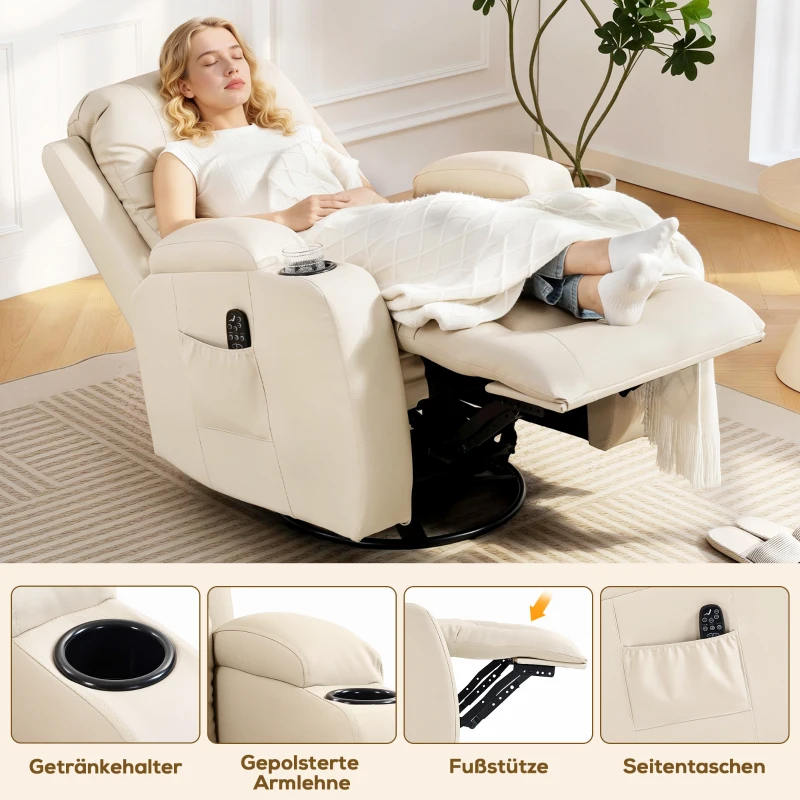 HOMCOM Massagesessel mit Wipp-, Liege- & Wärmefunktion, 3 Modi, drehbar, Cremeweiß