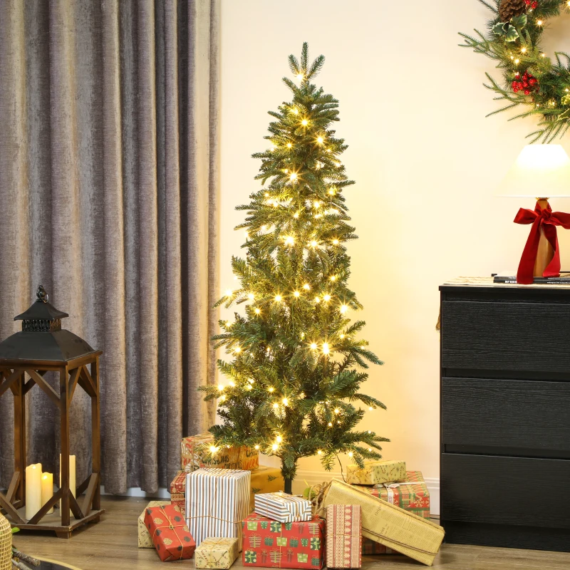 HOMCOM Sapin de Noël artificiel 150 cm, arbre de Noël slim avec 150 lumières 8 modes d'éclairage 431 branches articulées, vert