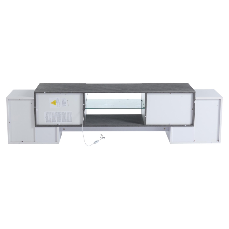 Mobile TV basso con illuminazione LED Bluetooth, 4 ante e vano portaoggetti, 180x40x46.5 cm, Bianco e Grigio