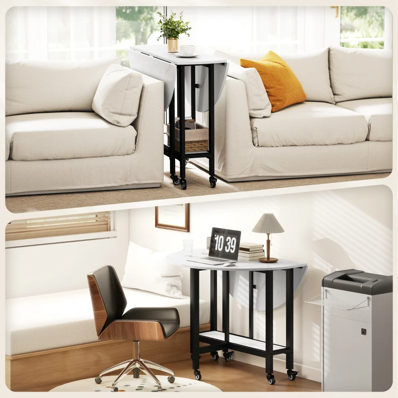 HOMCOM Folding Dining Table, Drop Leaf Table with Open Shelf, Rolling Kitchen Table for Dining Room, Small Spaces, White Marble