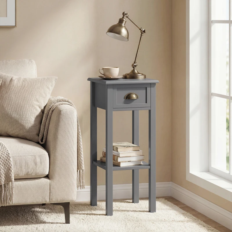 HOMCOM Mesa Auxiliar Estilo Moderno Mesita Auxiliar con Cajón y Estante de Almacenamiento 30x30x75 cm Gris