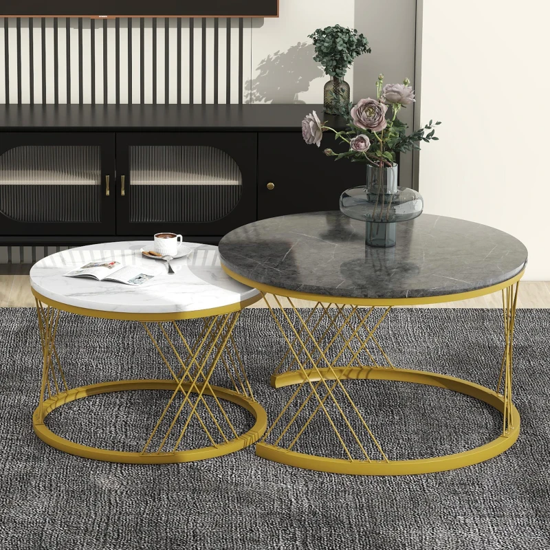Set 2 tavolini annidati con struttura in metallo dorato, 70x70x45 cm / 45x45x40 cm, Grigio