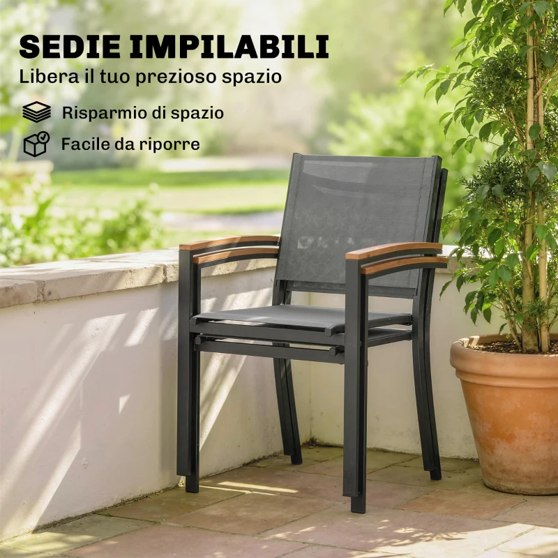 Outsunny Set 2 Sedie da Giardino in Texteline e Metallo con Braccioli Effetto Legno, 56x62x89 cm, Grigio