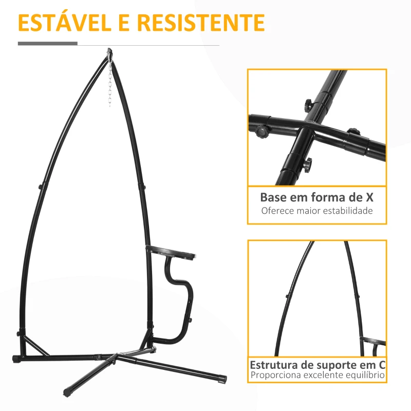 Outsunny Suporte para cadeira suspensa Suporte giratório de 190 cm com mesa lateral carga máx.120kg Estrutura metálica para jardim de pátio Preto