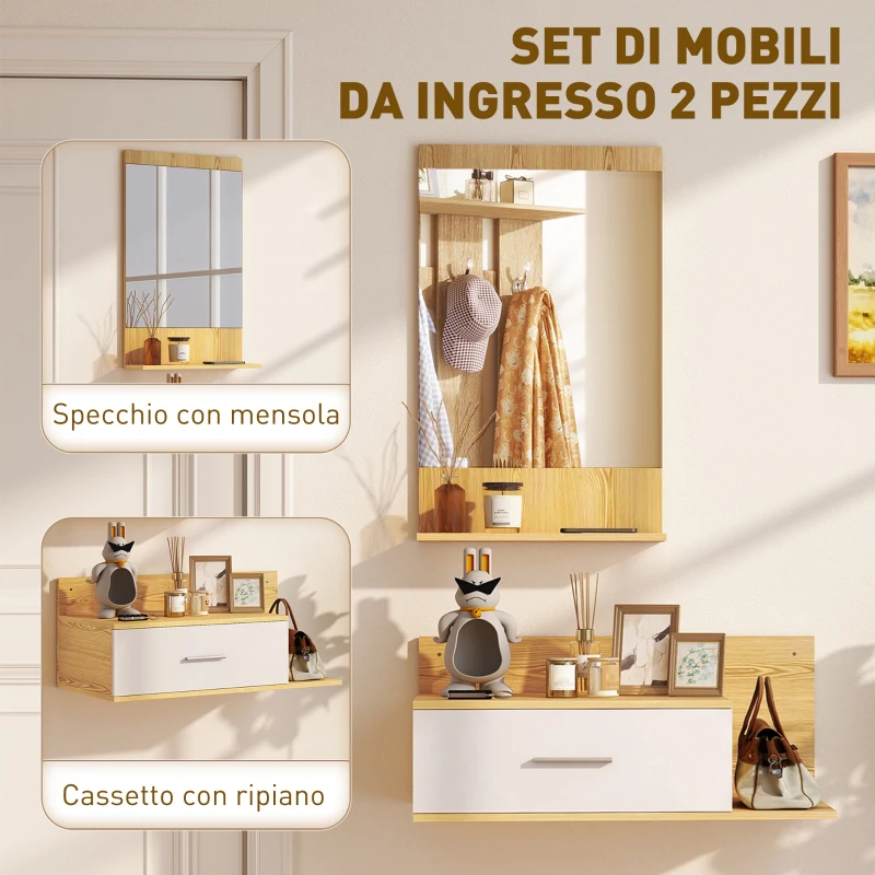 HOMCOM Set da Ingresso con Specchio con Mensola e Mobiletto a Parete con Cassetto e 2 Ripiani Aperti, in Legno e Vetro