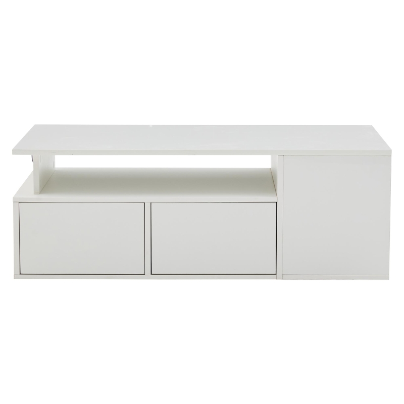 Tavolino da salotto a LED con 2 cassetti e ripiani semiaperti, 100x50x35 cm, Bianco