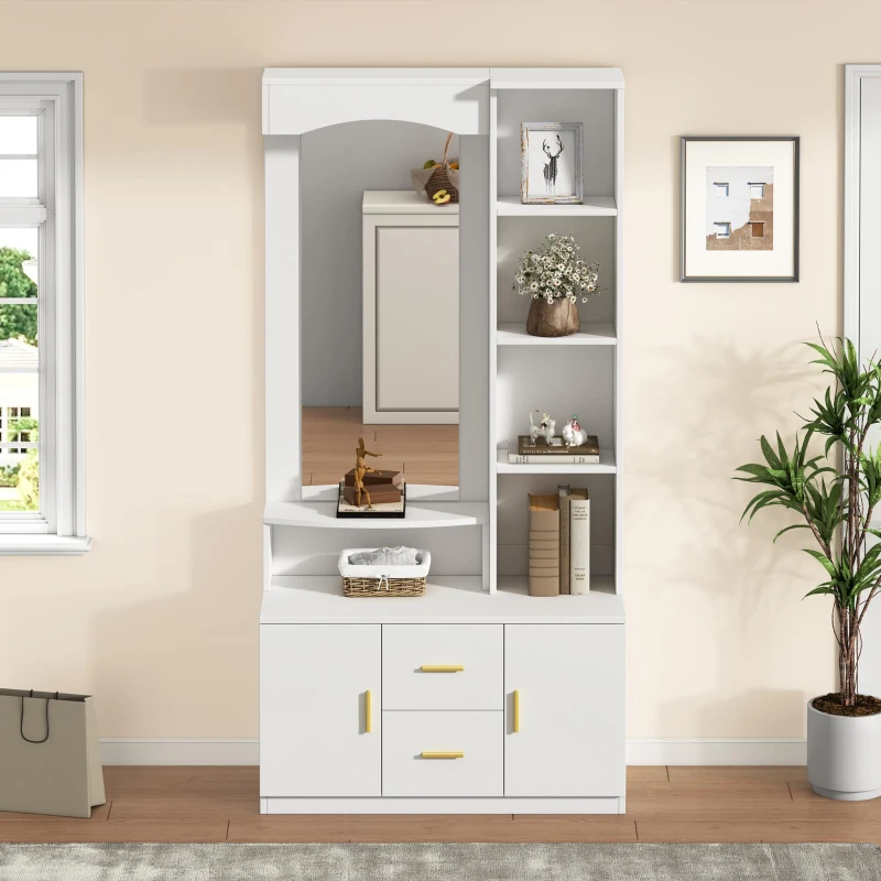 Mobile da ingresso multiuso con specchio e scarpiera, 2 cassetti e 2 ante, 90x40x180 cm, Bianco