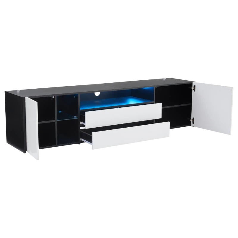 Mobile TV basso a LED con 2 cassetti e ante a ribalta, 180x40x45 cm, Bianco e Nero