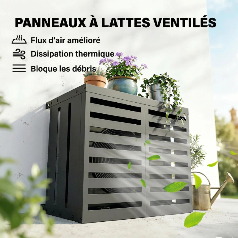 Outsunny Cache Climatiseur Exterieur, Housse Climatiseur à Lattes pour Unité Extérieur, Acier Galvanisé, 100x50x80cm, Gris Foncé