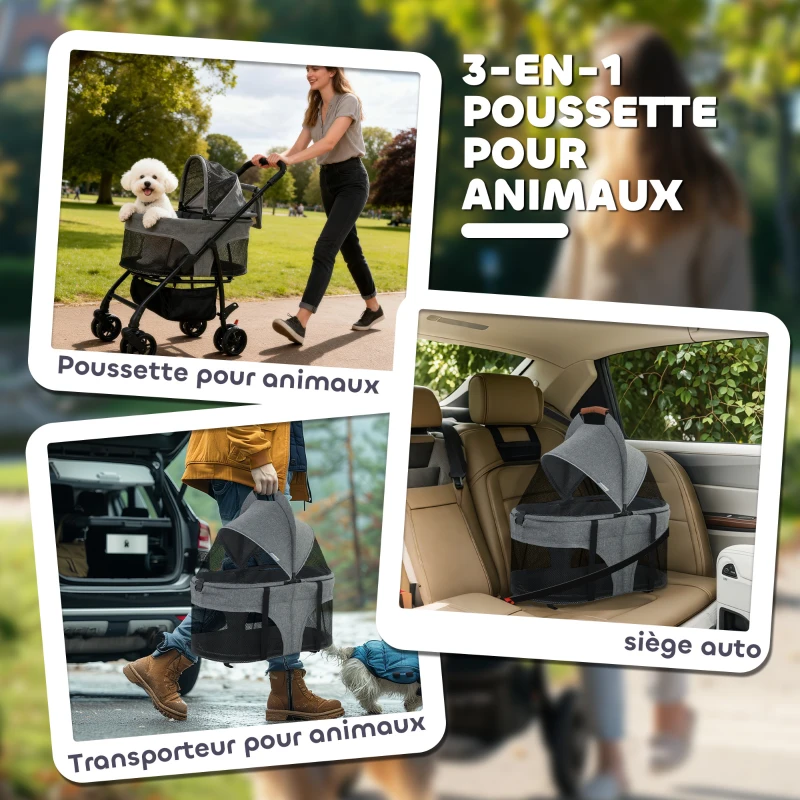 PawHut Poussette pour Chien Pousse-Chien 3 en 1 Détachable Pliable Nacelle Amovible et Sans Fermeture Éclair Suspension Gris