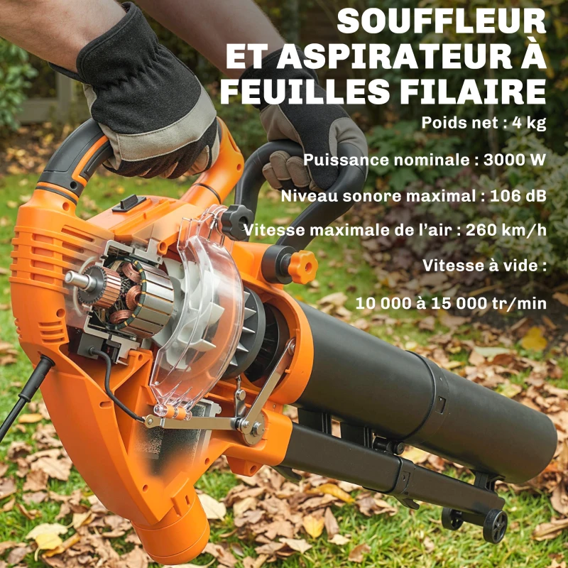 Outsunny Aspirateur-souffleur de feuilles filaire 3000w 3-en-1 avec fonction broyage, sac de collecte 40l, 4 roues, vert