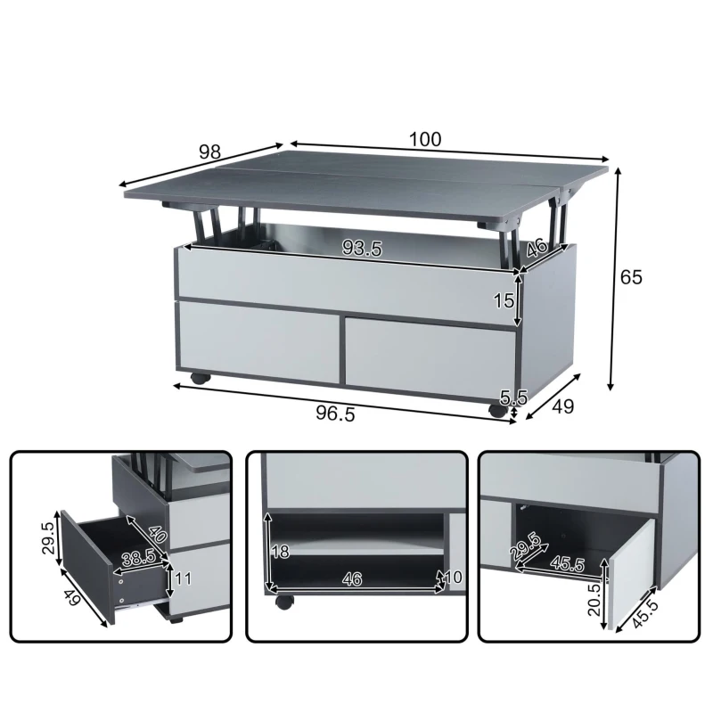 Tavolino da salotto regolabile in altezza con leva idraulica e 4 ruote girevoli, 100x98x65 cm, Grigio e Bianco