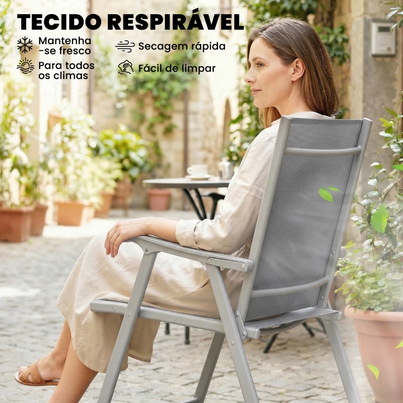 Outsunny Conjunto de 4 Cadeiras de Campismo Dobráveis Cadeiras de Jardim com Tecido Textilene Respirável 58x62x97 cm Cinza Claro