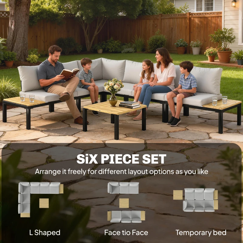 Outsunny Garden Furniture Set, 6 Piece Corner Sofa Set with Loveseat, Coffee Table, Sofa with Integrated Side Table