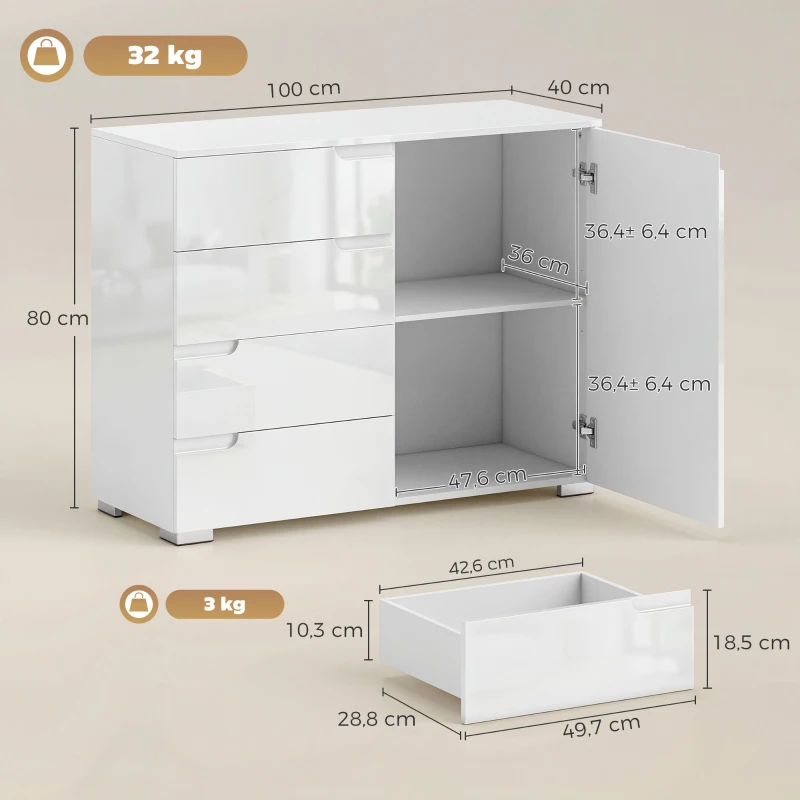 HOMCOM Aparador de alto brillo, aparador moderno con 4 cajones, mueble de cocina con cierre suave, blanco