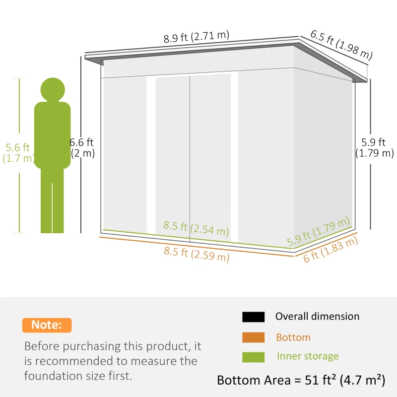 Outsunny 9ft x 6.5ft Garden Storage Shed with Top Window, Metal Outdoor Shed Tool House with Double Doors, Light Grey