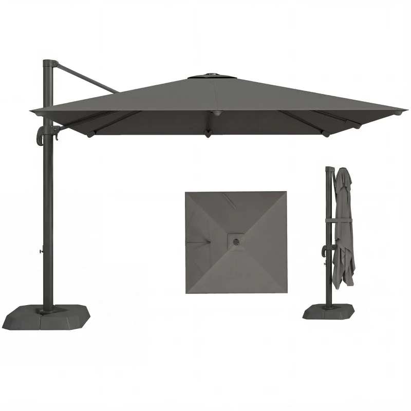 Outsunny Umbreluț de Grădină Suspendat cu Manivelă 3x3m, Inclinabil, cu Greutăți Umplibile, Rotativ 360°, Umbreluț Exterior Pătrat, din Aluminiu, pentru Terasă, Piscină, UV30+, Gri Închis