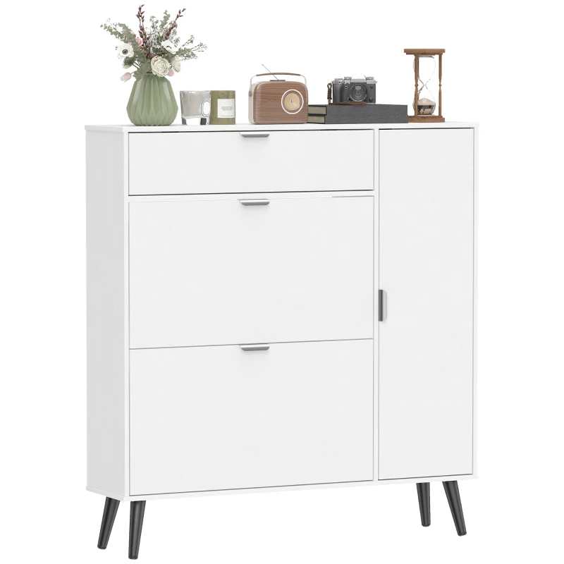 HOMCOM Smalle schoenenkast met 2 klepvakken, schoenenkast met lychee-lederen deuren en verstelbare planken, wit