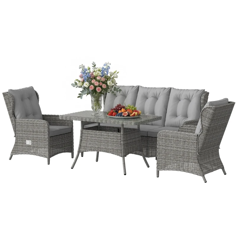 Outsunny 5 Seater Rattan Garden Furniture Set with Sofa, Reclining Chairs, Table, Patio Rattan Furniture Sofa Sets, Grey