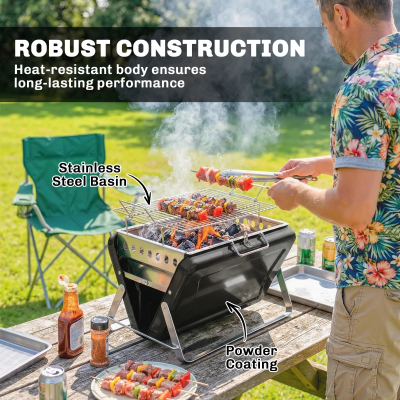 Outsunny Charcoal BBQ Grill Portable Stainless Steel Barbecue with Tilting Grate for Camping Picnic Garden Black