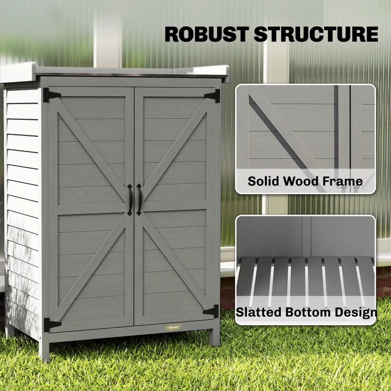 Outsunny Wooden Garden Shed, Garden Tool Storage Shed with Shelf and Side Hooks, 71.5 x 39 x 95 cm, Grey