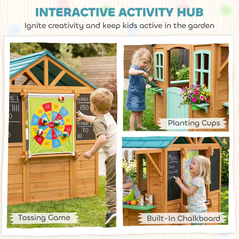 AIYAPLAY Outdoor kinderspeelhuis met verkoopkraam plantenbak krijtbord doelkleed 4 ballen 142 x 120 x 141,5 cm Meerkleurig