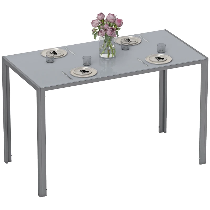 HOMCOM 120cm Dining Table, Rectangle 4 Seater Kitchen Table with Tempered Glass Top and Metal Legs, Grey