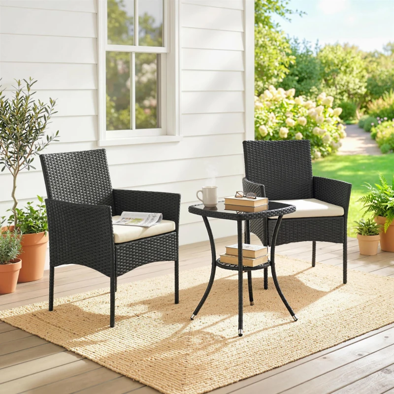 Outsunny 3 Piece Rattan Bistro Set, PE Wicker Garden Furniture Conversation Set with 2 Tier Glass-Top Table, Chairs, Cream White