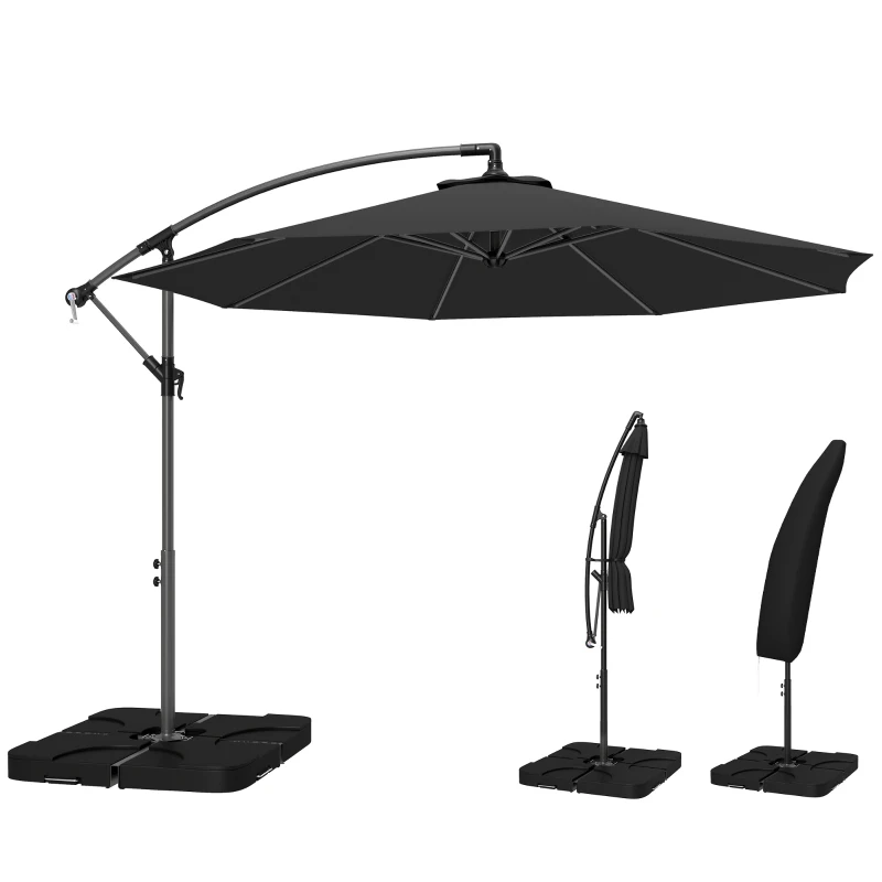 Outsunny 3m Overhanging Parasol, with Base, Weights and Cover - Black