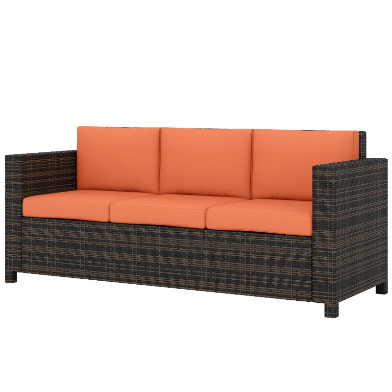 Outsunny 3 Seater Rattan Sofa All-Weather Wicker Weave Metal Frame Chair with Fire Resistant Cushio-Orange