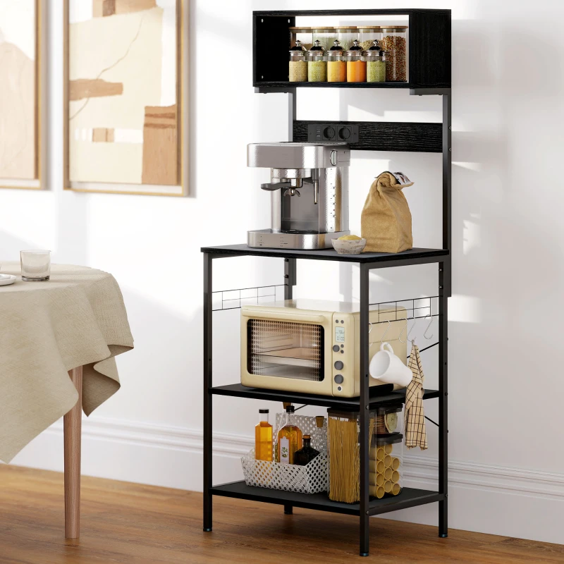 HOMCOM Estantería de Cocina con Multienchufe para Microondas con Baldas y Ganchos Estilo Industrial, Madera y Acero, Negro