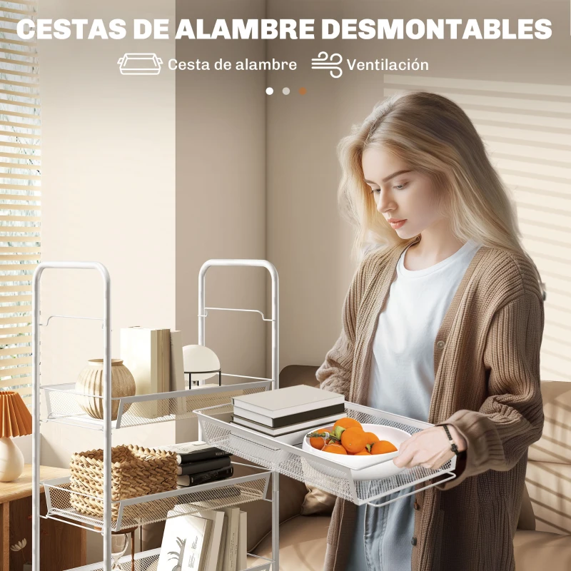 HOMCOM Carrito Auxiliar con Ruedas de 5 Niveles con Cestas de Malla Extraíbles y Marco de Acero 45x26,5x106 cm Blanco