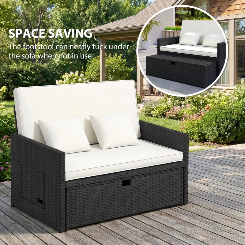 Outsunny Rattan Garden Daybed, Double Sun Lounger with 5-Level Adjustable Back, Storage Ottoman, Cream White