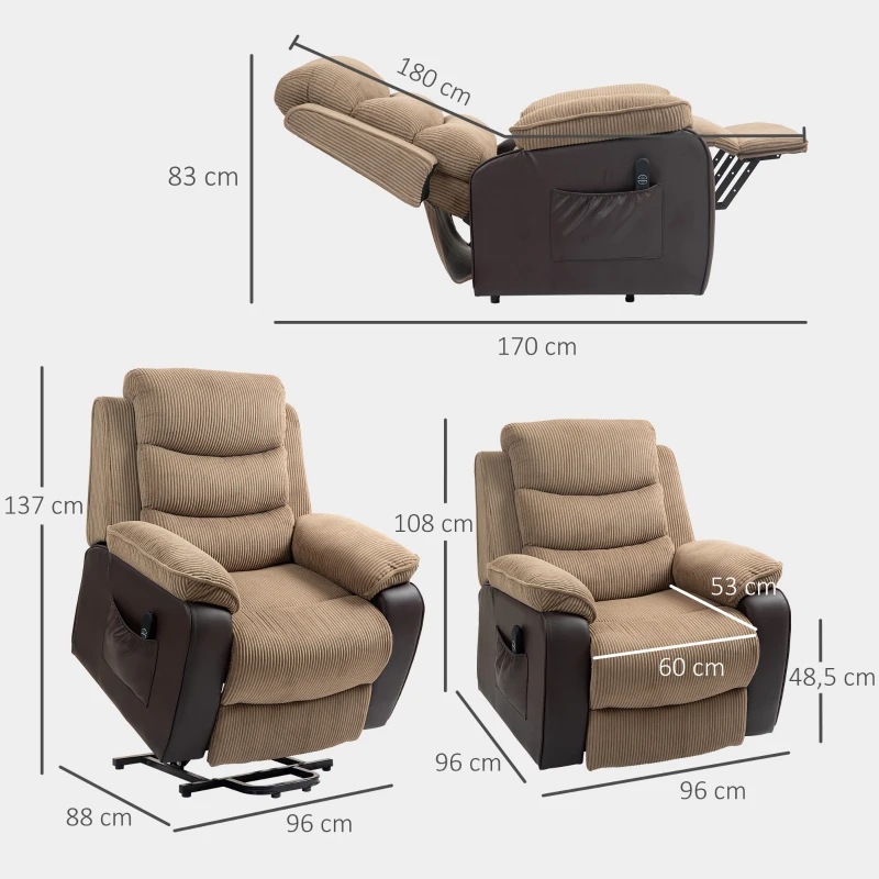 HOMCOM Sillón Relax Reclinable Eléctrico Levanta Personas con Mando a Distancia Puerto USB y Bolsillos Laterales Marrón