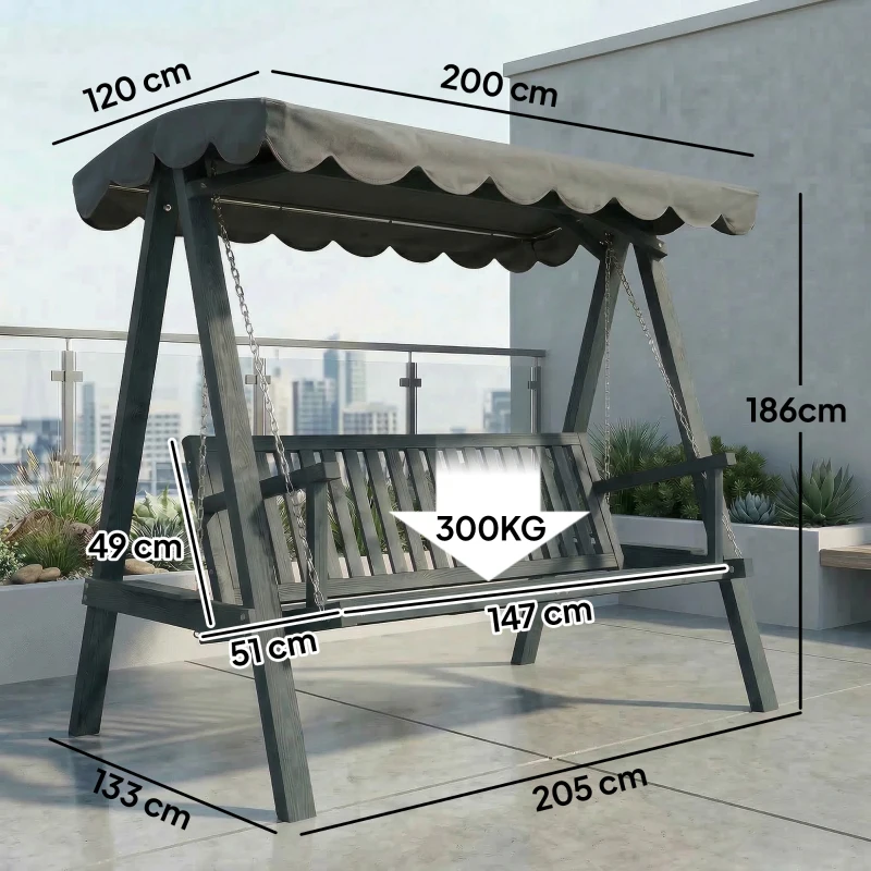 Outsunny 3 Seater Garden Swing Seat with Canopy, Wooden Swing Chair, Outdoor Hammock Bench for Balcony Patio Porch, Grey