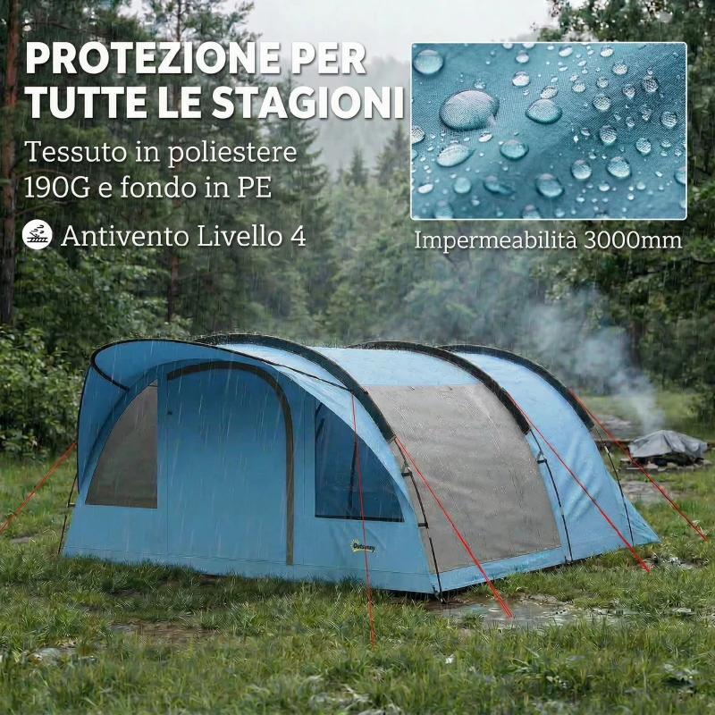 Outsunny Tenda da Campeggio a Tunnel per 2-4 Persone Alta 200cm con 2 Stanze, Impermeabile 3000mm, Azzurro