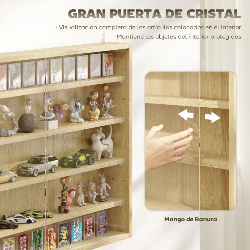 HOMCOM Vitrina de Pared de Madera con Estantes Ajustables y 2 Puertas Correderas de Cristal 80x9,5x60 cm Roble