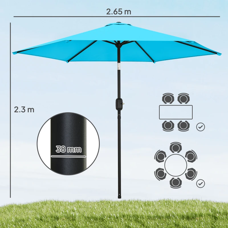 Outsunny 2.6 m Garden Parasol Umbrella with Aluminium Pole, Outdoor Patio Umbrella with Tilt and Crank, Vent, Blue
