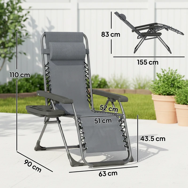 Outsunny Zero Gravity Chairs Set of 2, Folding Sunloungers Reclining Garden Chairs with Cup Holder, Headrest, Dark Grey
