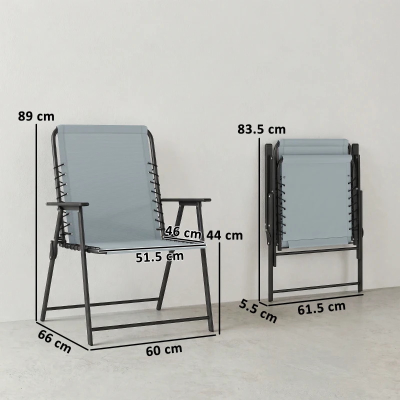 Outsunny Folding Garden Chairs Set of 2, Outdoor Dining Chairs with Wide Texteline Seat, High Back and Armrests, Light Grey